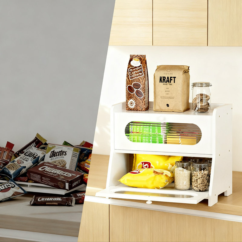 Extra Large Bamboo Bread Box With Magnetic Acrylic Door, 2-Tier, (White)