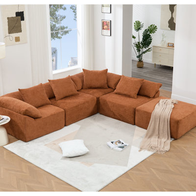 Orange L Shaped , 5 Piece, Chenille Upholstery, No Leg Design For A Sleek Look Modular In Orange, Chenille, Supportive Laid-Back Moment