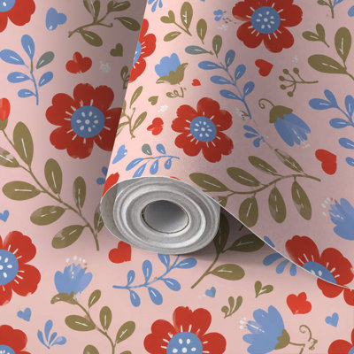 Papier de contact à peler et coller avec papier festonné à motif floral festonné fleurs rouges et feuilles bleues olive auto-adhésif et amovible 17,7 po x 118 po (45 x 300 cm)