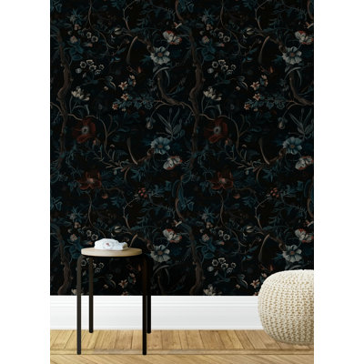 Dark Floral Botanical Wallpaper Dark Background Bryelle Peel & Stick Floral Roll