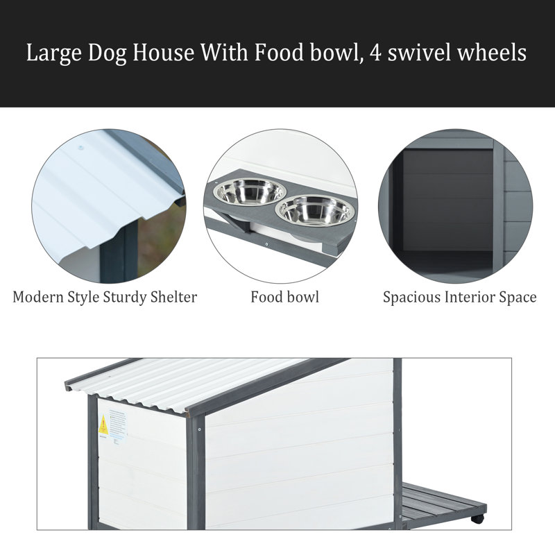 Niche pour chien d'extérieur en bois massif, conception moderne de style imperméable avec bol alimentaire, 4 roulettes pivotantes