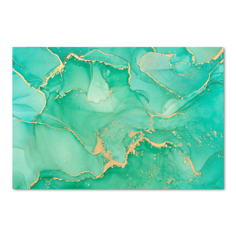Turquoise et or, fluide abstrait luxueux - peinture sur toile, H 40 po x l 60 po x P 1,5 po, Toile tendue