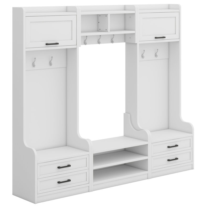 Detachable Hall Tree With Storage And Seven Hooks,  Hallway Coat Rack With Storage Drawers And Cabinet, White