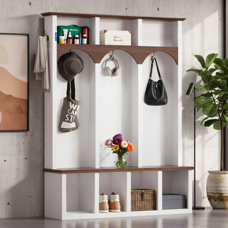 Farmhouse Style Wooden Entryway Tree With Arched Design, Practical With 5 Black Hooks, Simple 4-in-1 Entryway Shoe Cabinet With 7 Storage Compartments For Entryway And Living Room