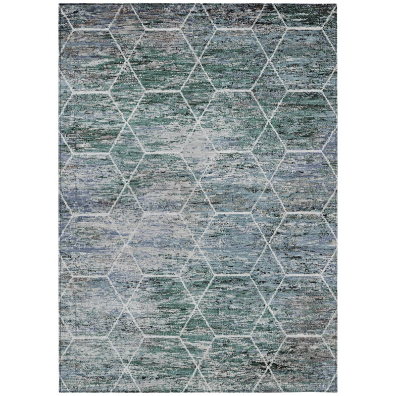 Machine Washable Indoor/Outdoor Xhevrie Teal Rug, Rectangle 10' x 14'