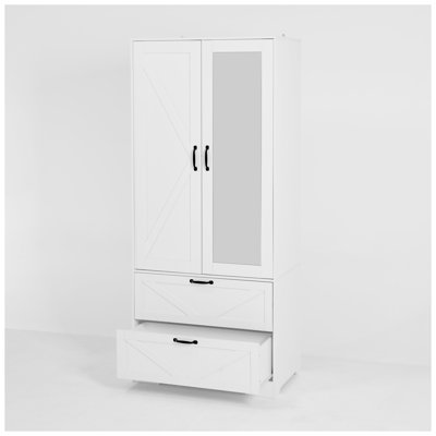 Armoire de chambre blanche avec tringle, 2 tiroirs de rangement et lumière à induction intégrée - Armoire multifonctionnelle avec miroir pour l'organisation de la chambre à coucher
