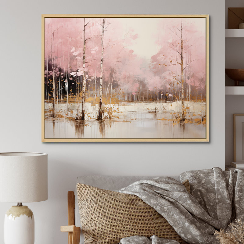 «Minimalisme rose et forêt dorée I», art sur toile, H 30 po x l 40 po x P 1,5 po, Cadre naturel flottant