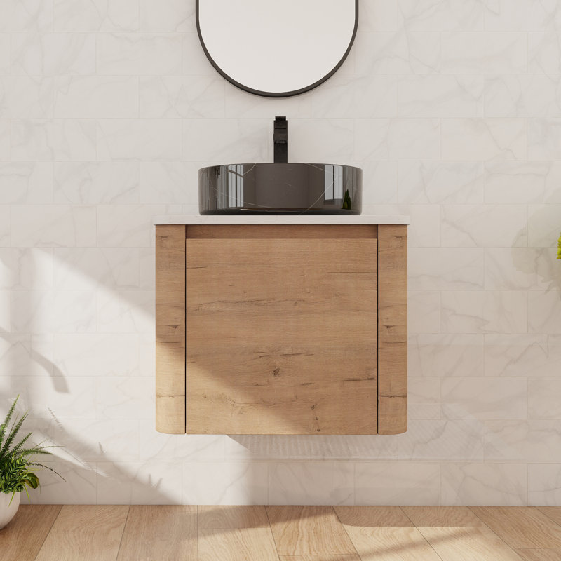 Meuble-lavabo flottant simple 24 po avec lavabo d'art en céramique, meuble-lavabo mural avec 1 porte à fermeture en douceur