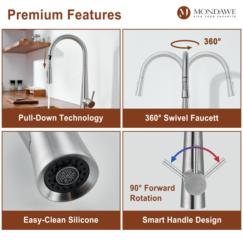 Brushed Nickel High Arc Pull Down Kitchen Faucet with Spray