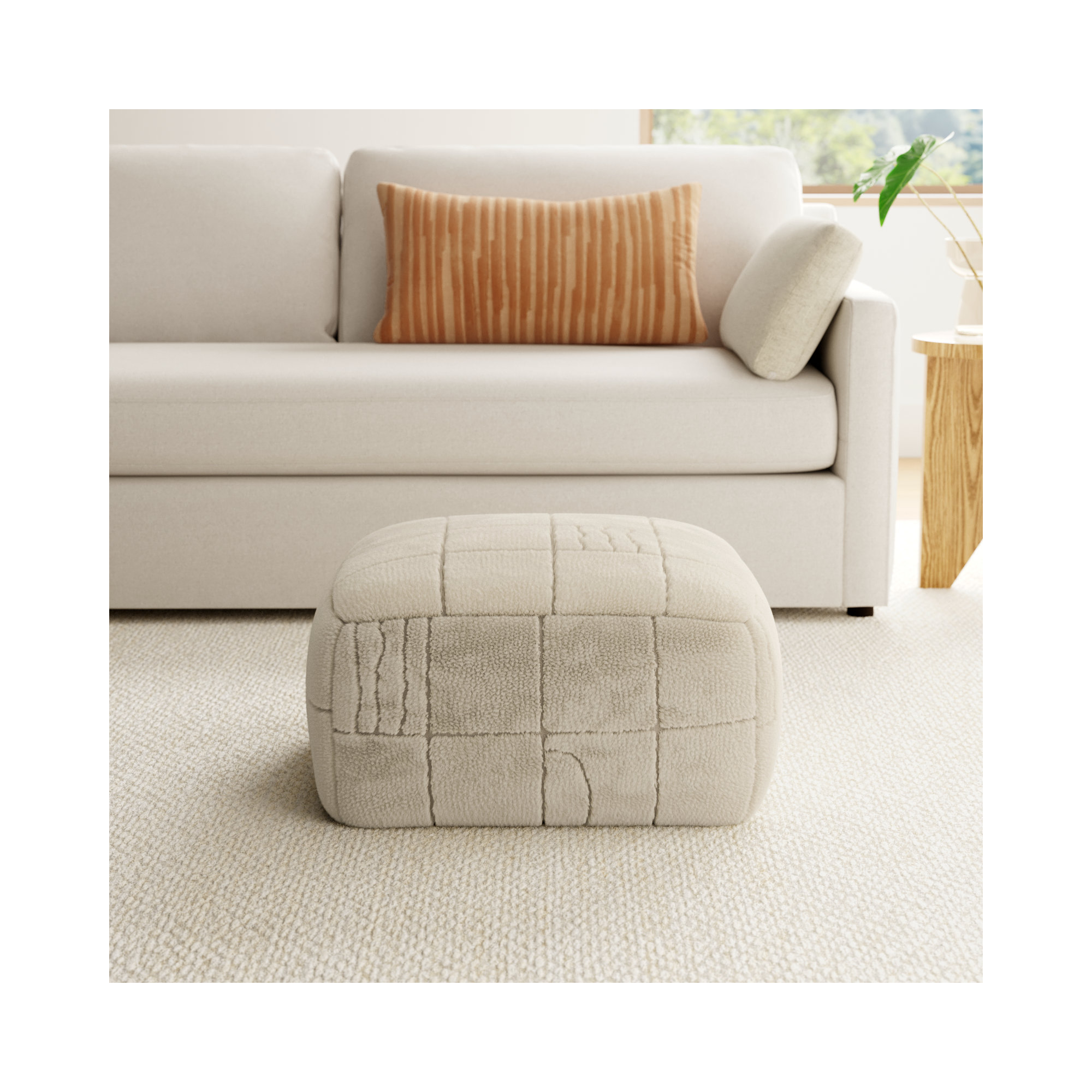 Tuberose Upholstered Pouf, Beige Wool/Polyester Blend