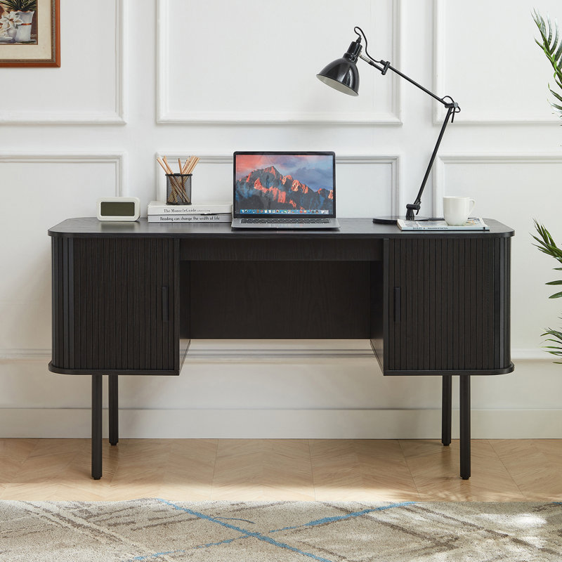 Bureau d'ordinateur de 55 po avec 2 armoires de rangement, bureau de direction Mid-Century avec station de charge, grand bureau moderne avec pieds en métal réglables