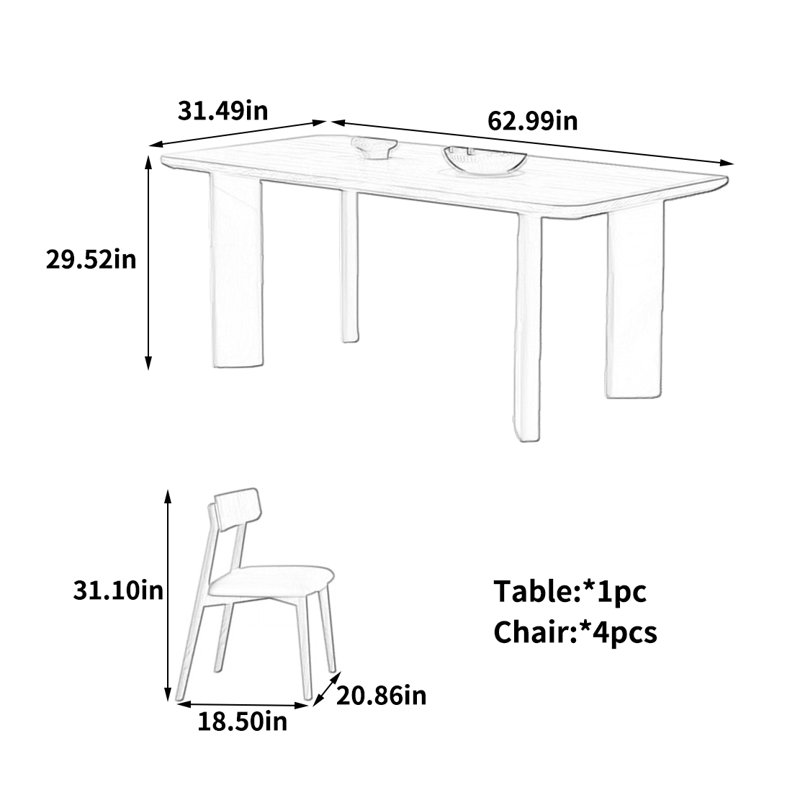 Table de salle à manger Elegant French, H 29,52 po x l 62,99 po x P 31,49 po, 5 pièces: table, 4 chaises