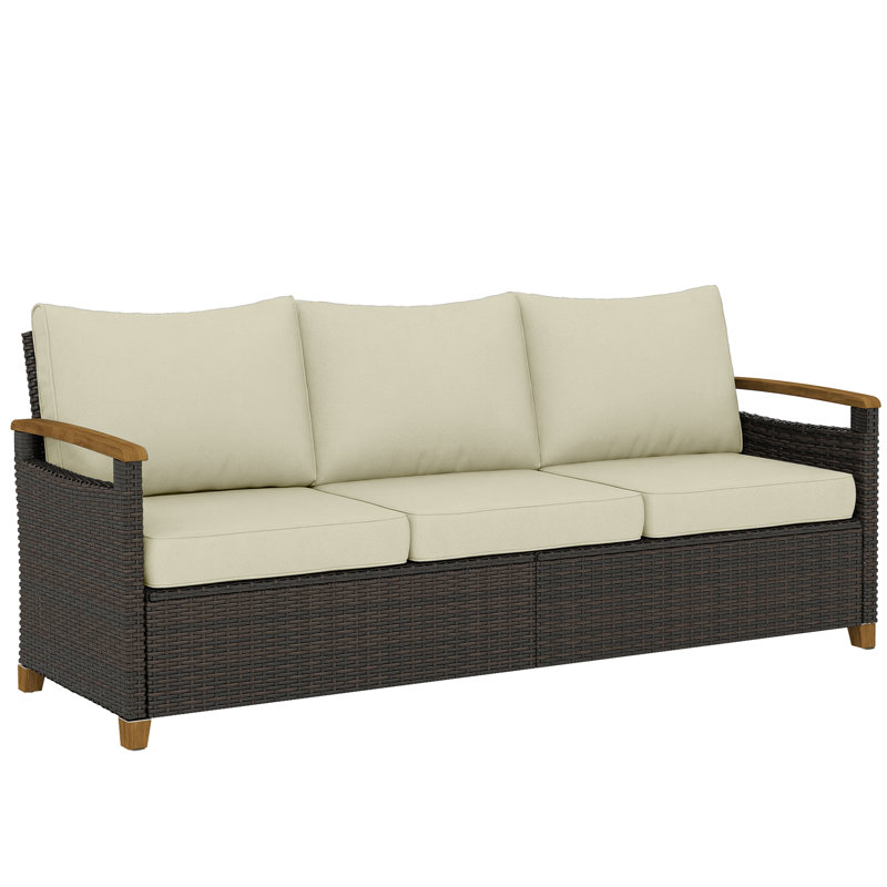 3 Seater Outdoor Couch Sofa, PE Wicker Patio Couch with Wide Deep Seating, 4" Foam Cushions, Wood-Effect Armrests and Legs, Patio Sofa Furniture for Garden, Backyard, Porch, Beige