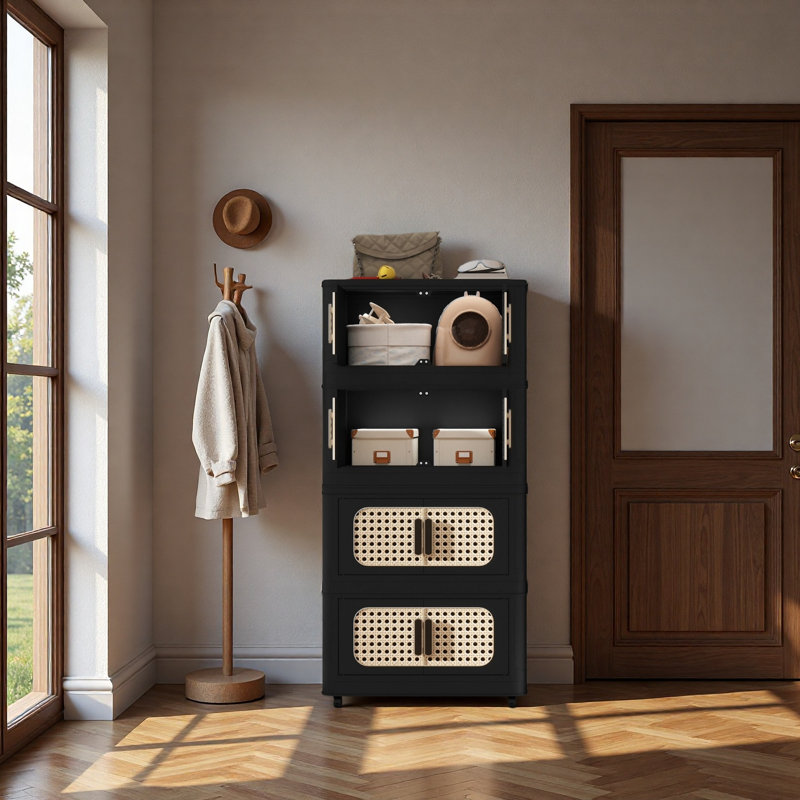 20" Side Wide Folding Storage Cabinet ,4 Tiers,19.69"×11.81"×40.55",Collapsible Storage Bins With Magnetic Door, Plastic Storage Cabinet With Wheels