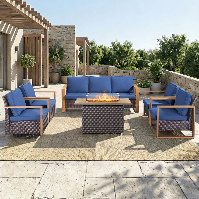 Ensemble de foyer d'extérieur en osier 6 pièces avec chaises pivotantes et fauteuils, Bleu, Brun