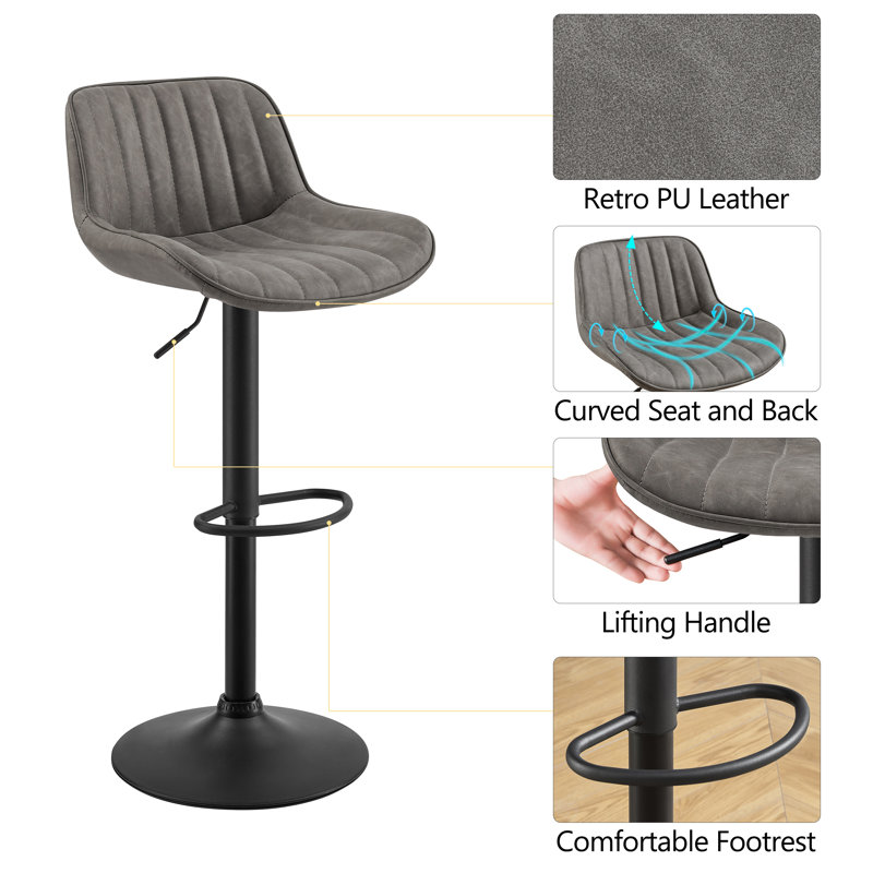 Swivel Yes Faux Leather Yes Bar Stool, Grey/Black