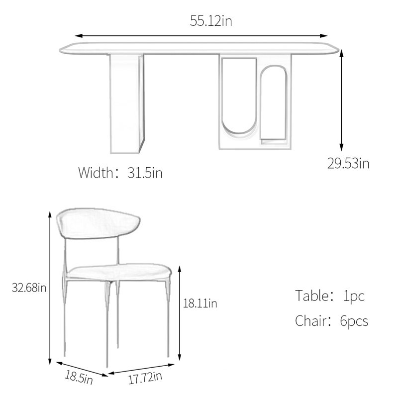 Superior sintered stone dining table set, 29.53"H x 55.12"L x 31.5"W