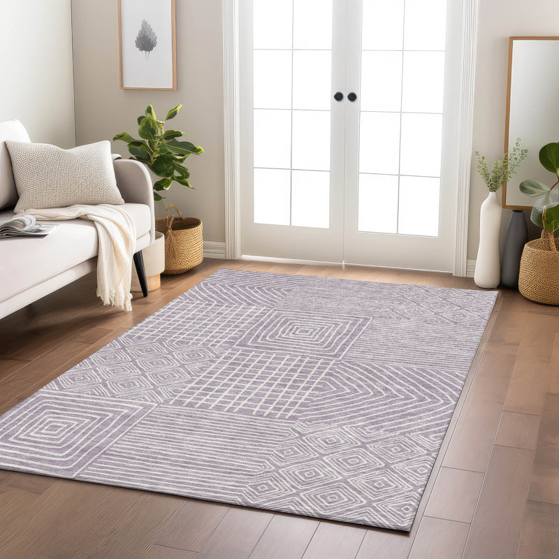 Lavender Geometric Flat Woven Washable Synthetic Rug