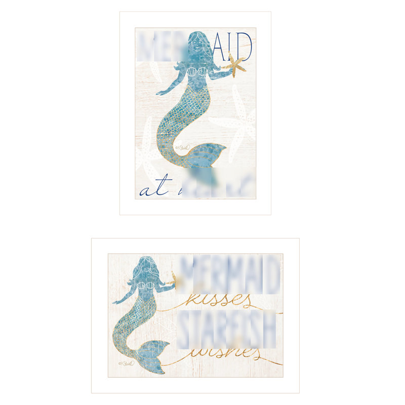 «Two Mermaids» 2 By. Reproduction d'art encadrée. Papier multicolore pour la maison, 35 po x 1 po x 19 po, 6 lb, cadre blanc, impression murale décorative. Prêt à accrocher, papier
