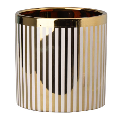  Planter - 5.5 Inch Striped Pattern White and Gold Ceramic Cylindrical Planter