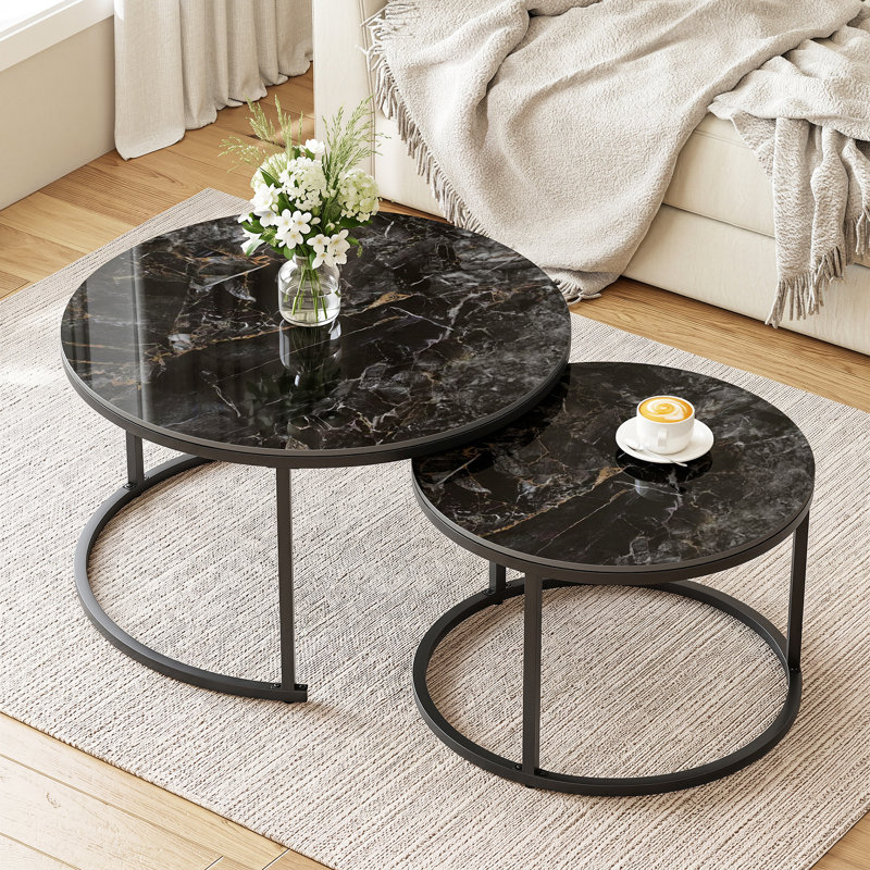 Ensemble de 2 tables basses gigognes en pierre frittée noire brillante pour salon, Noir, H 17,72 po x L 26,77 po x l 26,77 po