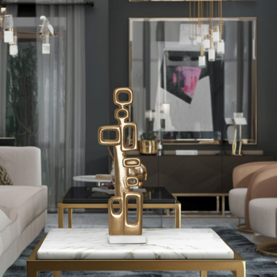 Sculpture Metal Aluminum and Marble Abstract Glam Decor for Home Office Bedroom or Living Room - 21" Gold & Metallic