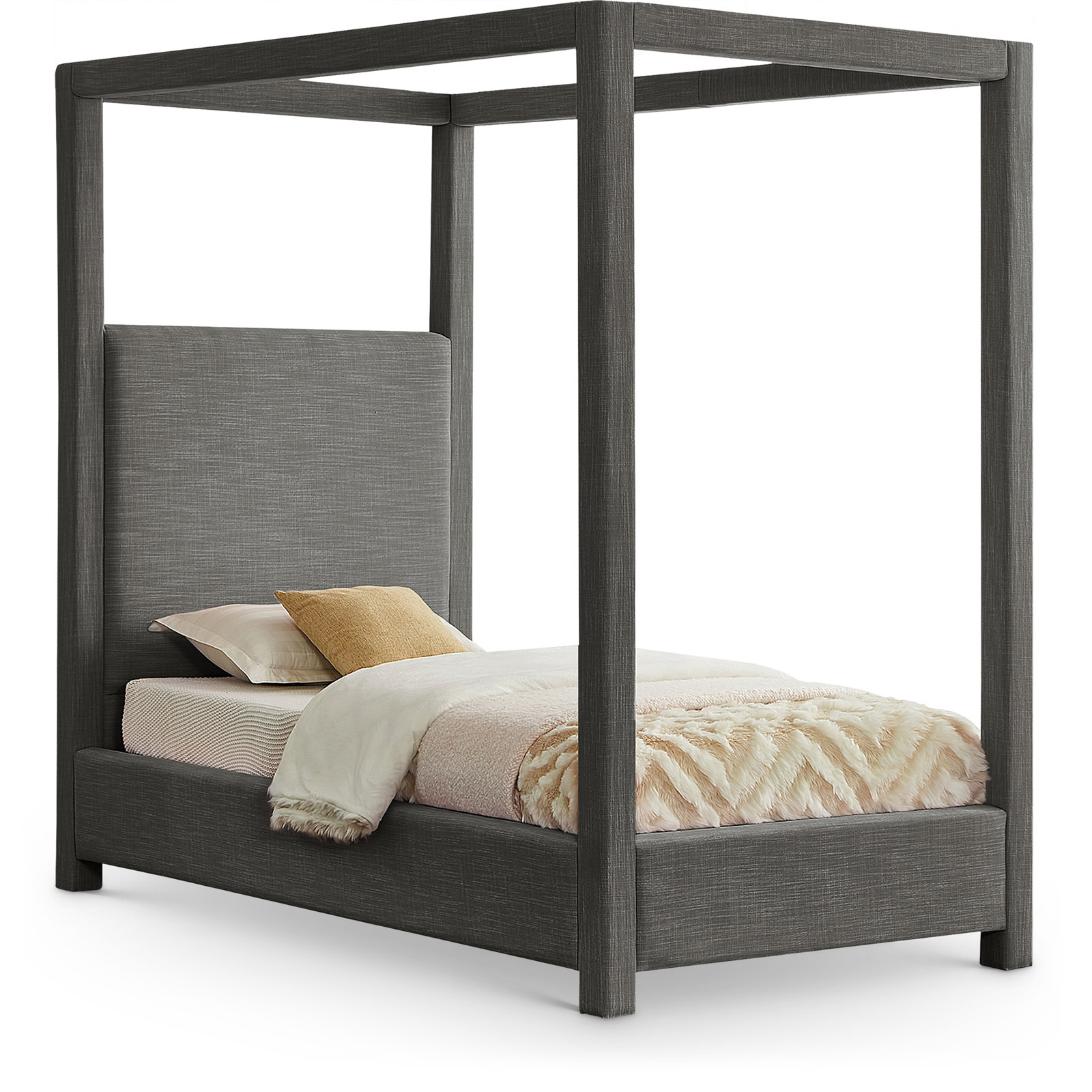 Mistaya Upholstered Canopy Bed, Twin, Grey Linen
