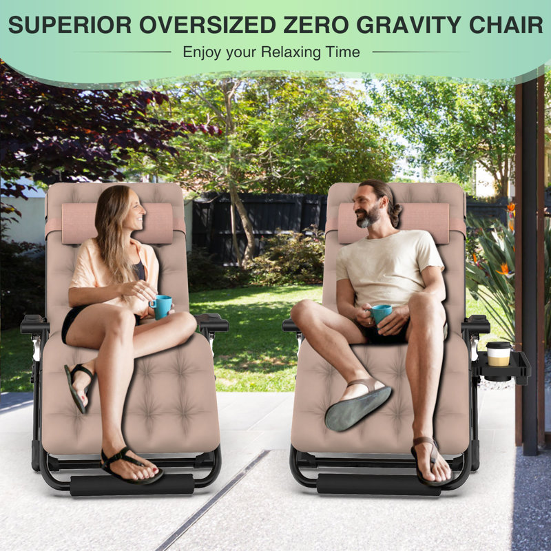 Oversized XXL Folding Zero Gravity Chair, Patio Reclining Lounge Chair 33In with Cushions and Headrest, Khaki