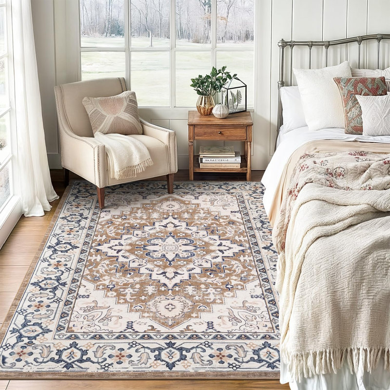 5' x 7' Washable Vintage Floral Area Rug – Soft Non-Slip Low Pile, Brown