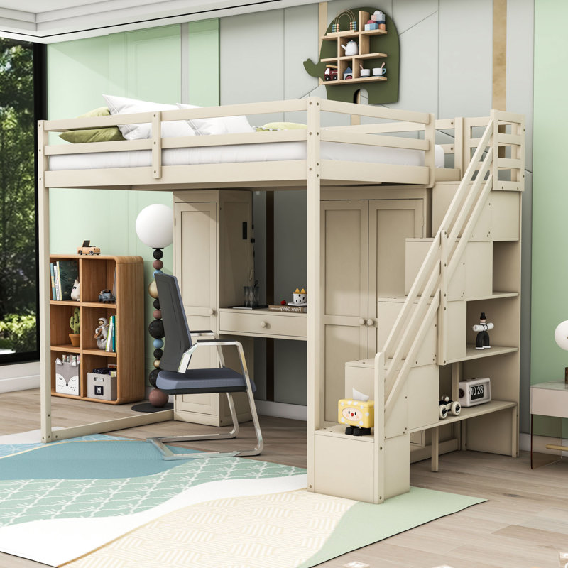 Full Wood Loft Bed With LED Light, Dressing Table, Wardrobe And Charging Ports, Beige