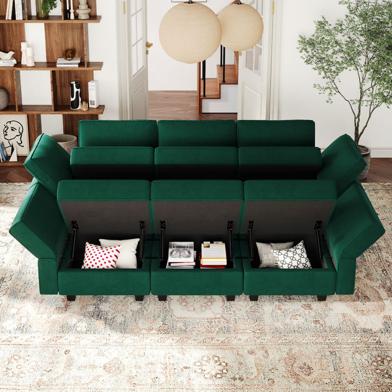 Canapé-lit modulaire en velours avec rangement et canapé-lit modulaire 6 pièces, Velours vert