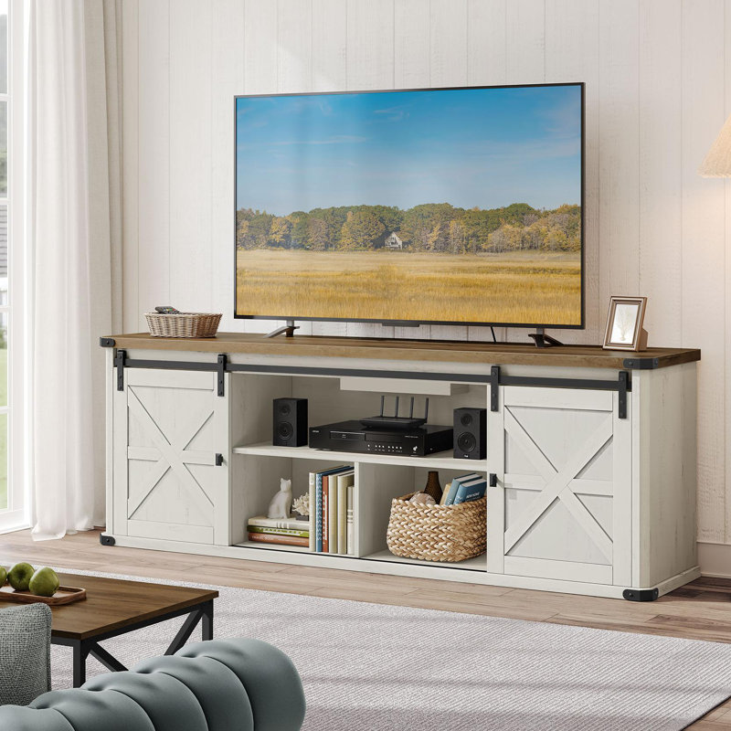 Cesilee TV Stand for TVs up to 75"  with 2 Sliding Barn Doors and Built-In Charging Station, White/Brown