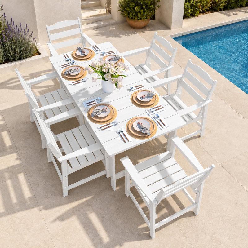 Table de salle à manger d'extérieur en PEHD blanc avec trou pour parasol, Blanc