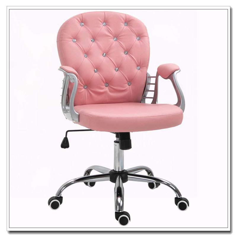 PU Leather Home Office Chair,Button Tufted Desk Chair With Padded Armrests,Adjustable Height And Swivel Wheels,Pink, Pink
