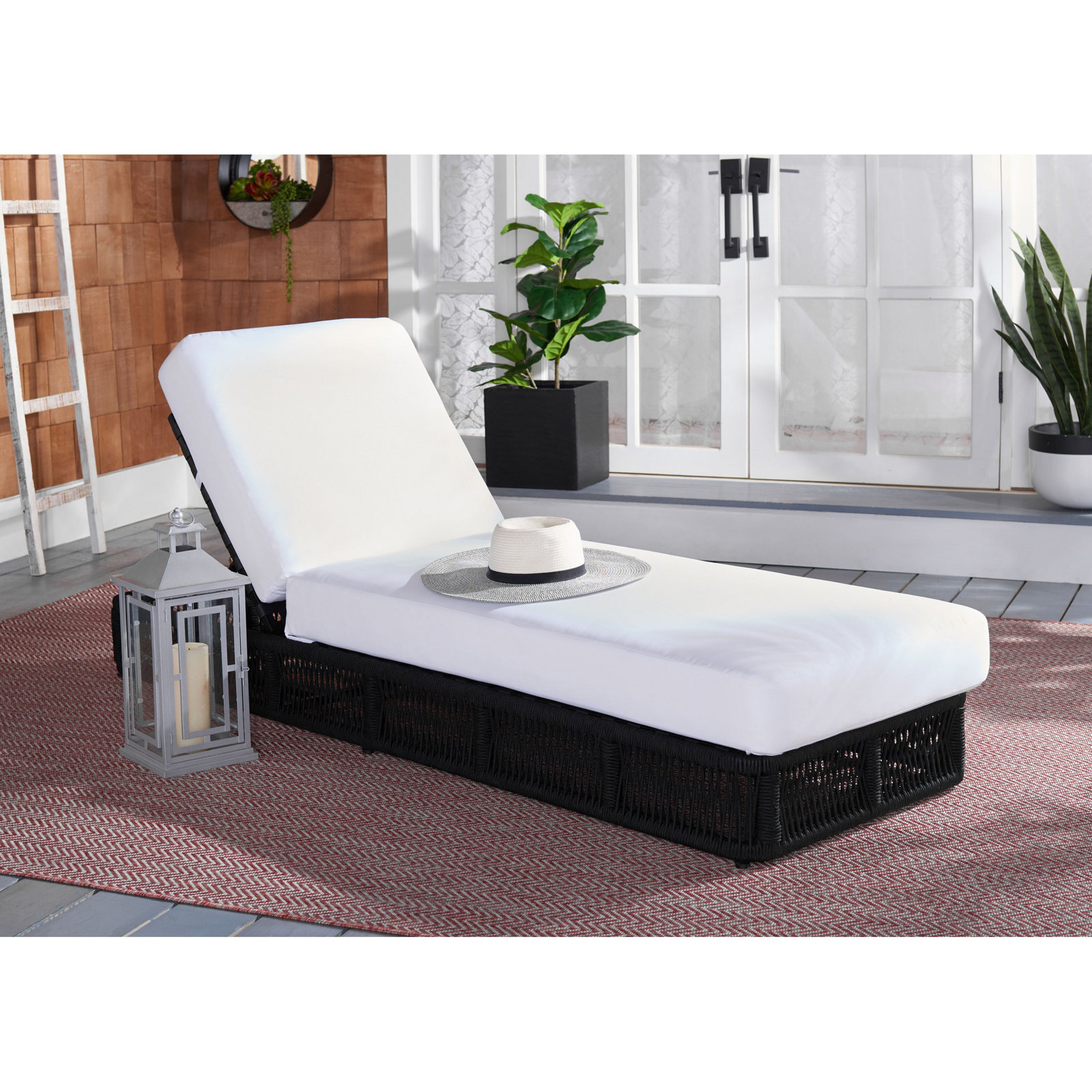 Langley Outdoor Chaise Lounge, Black Frame/White Cushion