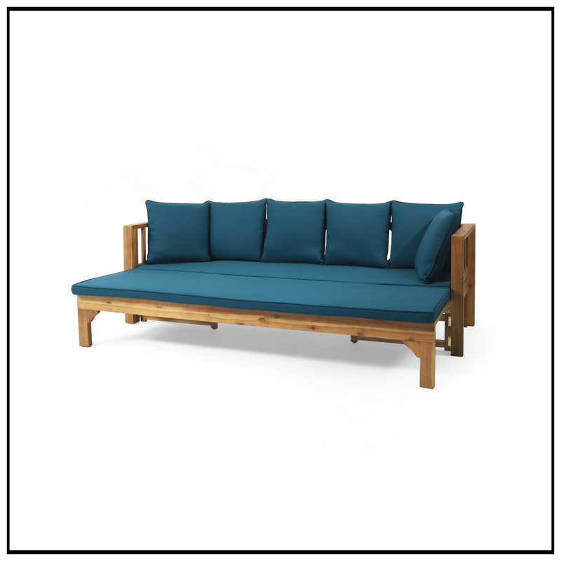 Lit de jour en bois d'acacia Long Beach avec structure en X rustique, conception extensible et coussins résistants à l'eau pour une détente en plein air