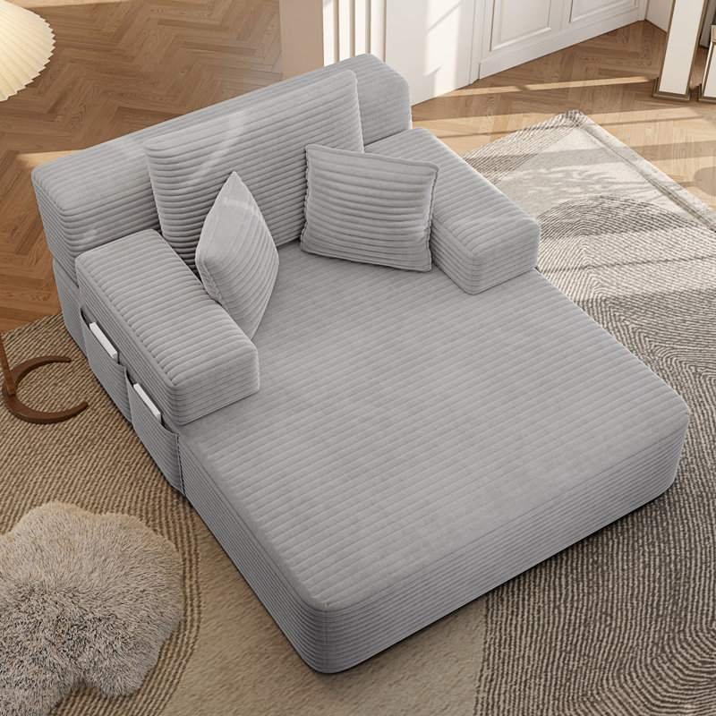 Chaise longue luxueuse avec 3 coussins, canapé-lit convertible avec pochette de rangement, Gris clair