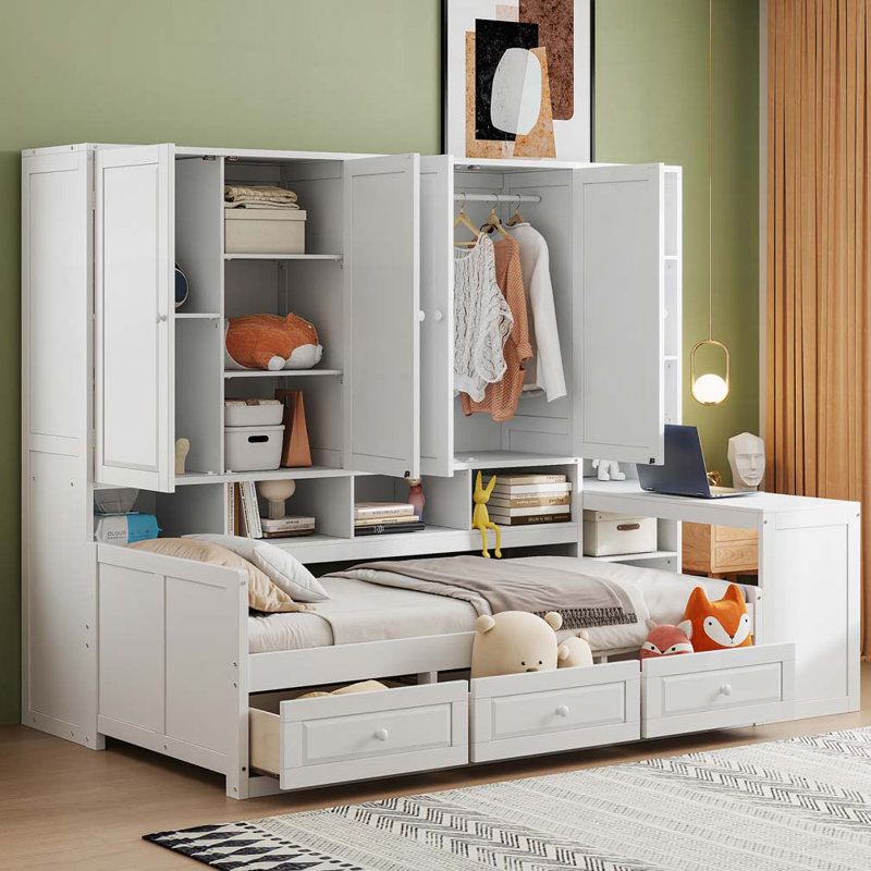 3 Drawers Daybed With Desk, Storage Cabinet, Bookcase, Wardrobe, Twin, White