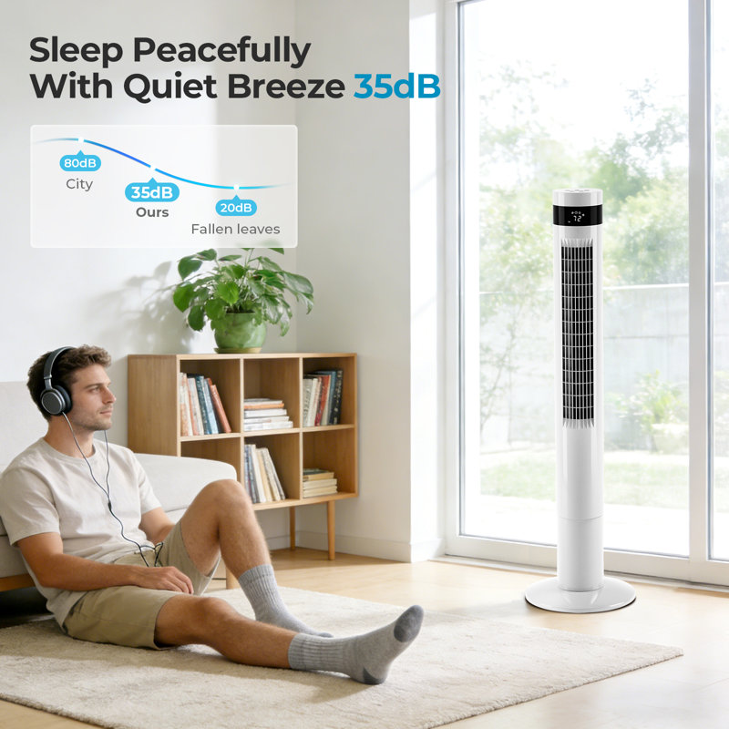 Electactic 43" Tower Fan With 85° Oscillation, Remote Control, 3 Modes & 12h Timer, Blanc
