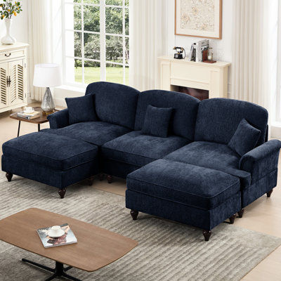 Blue Comfy Upholstered Chenille 3 - Seat With Curved Shape Cushion Back, Flared Arms, And Removable Ruffles Pleats Skirts, Multiple Configurations For Different Needs Classic Modular U Flower Shaped