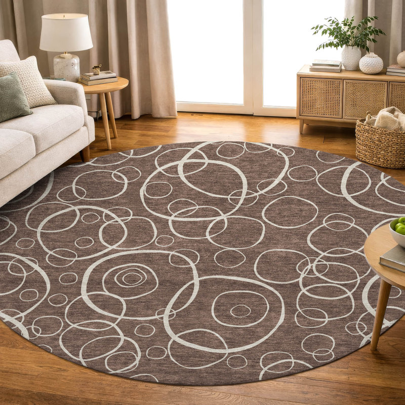 Premium Machine Washable Mayfield AMF2407 Bubbles Rug, 8' Round, Brown