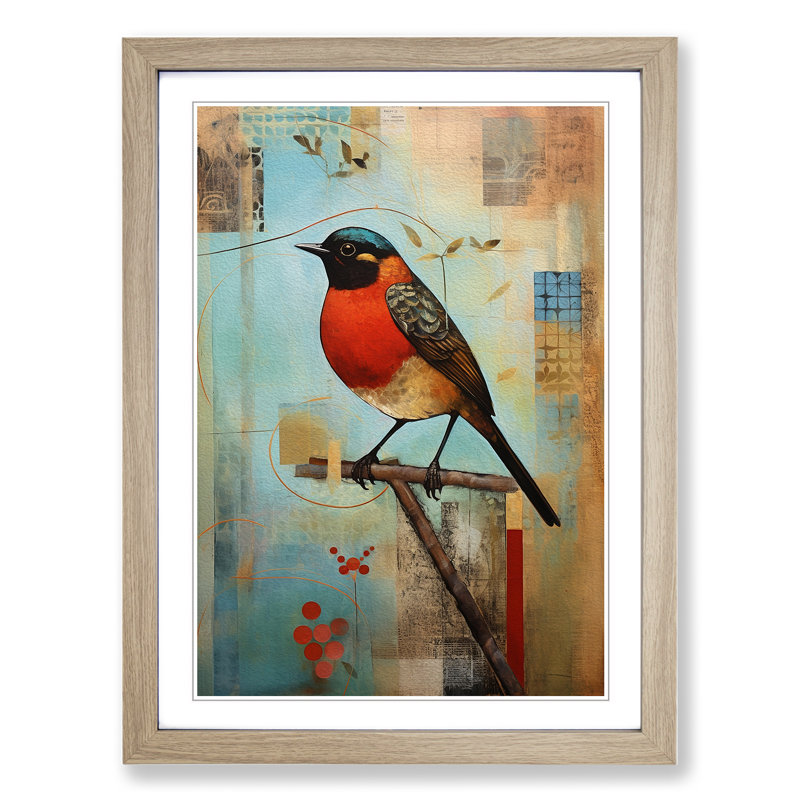 Robin Bird Constructivism - Single Picture Frame Print on Wood, Oak, 46cm H x 34cm W x 2cm D
