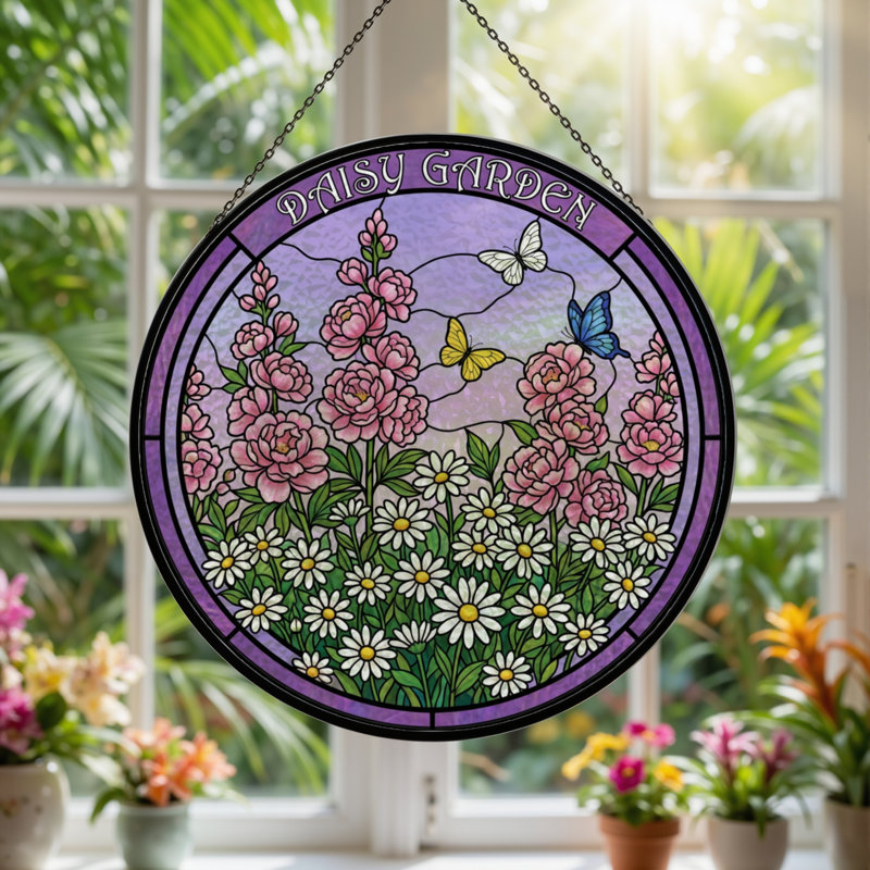 Panneau de vitrail de jardin 7,8 "H Daisy, H 7,8 po x l 7,8 po
