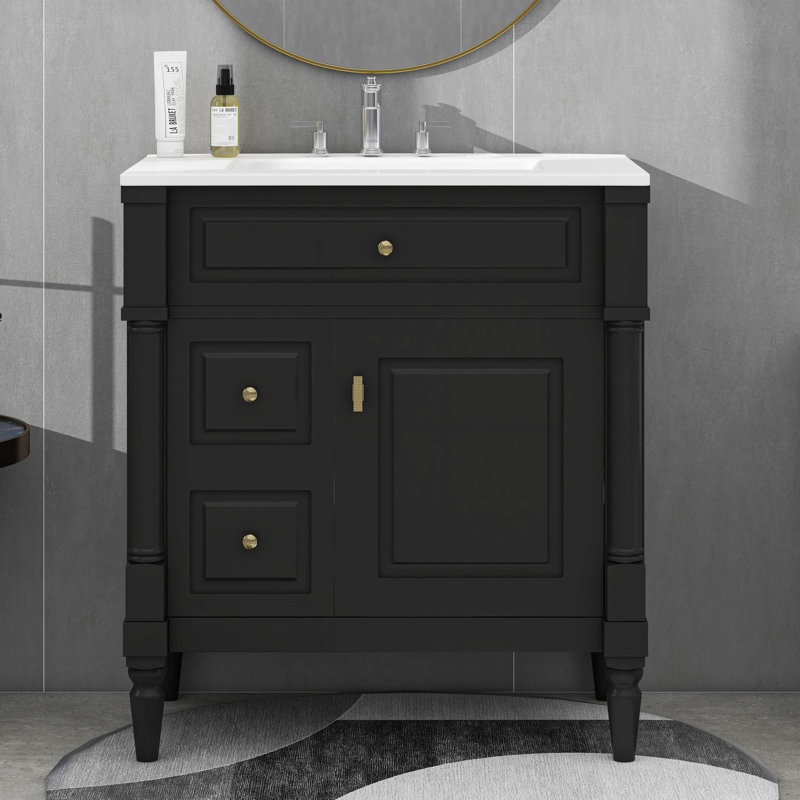 Meuble-lavabo 30 po avec lavabo, tiroir rabattable et tablette réglable, Noir