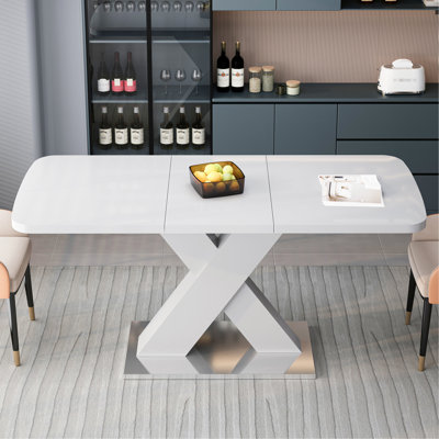 Table de salle à manger carrée blanche, extensible, avec base en acier, H 29,31 po, facile à assembler, capacité de charge de 220 lb, installation facile