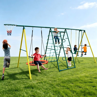 6-in-1 Heavy Duty Metal Swing Set for Backyard,Outdoor Playground with Saucer Swing,Belt Swing,Trapeze Bar,Climbing Net,Rock Ladder & Basketball Hoop for Backyard