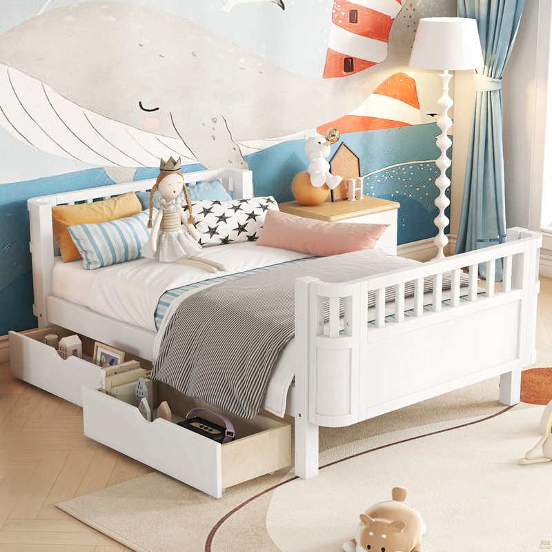 Lit plateforme simple en bois pour enfants, lit simple en bois à profil bas avec rails