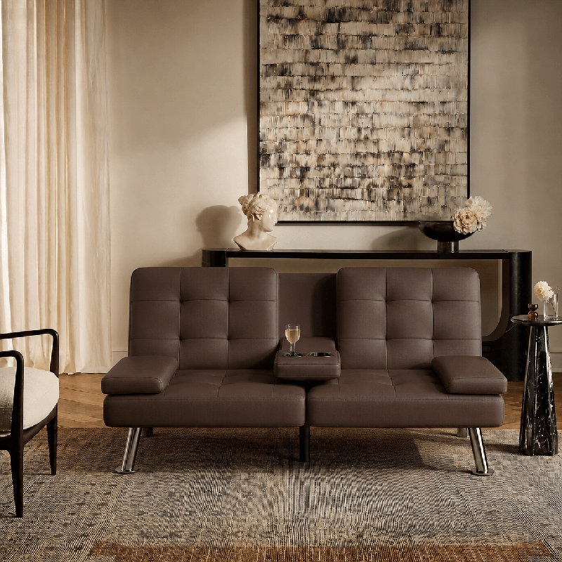 Abbigale 65.8'' Faux Leather Reclining Sofa Bed, Brown Faux Leather