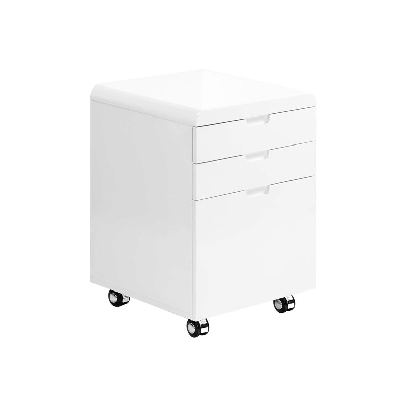 Classeur avec roulettes et stratifié blanc brillant pour l'efficacité du bureau dans la conception, tiroirs de rangement, support d'imprimante contemporain fonctionnant en douceur