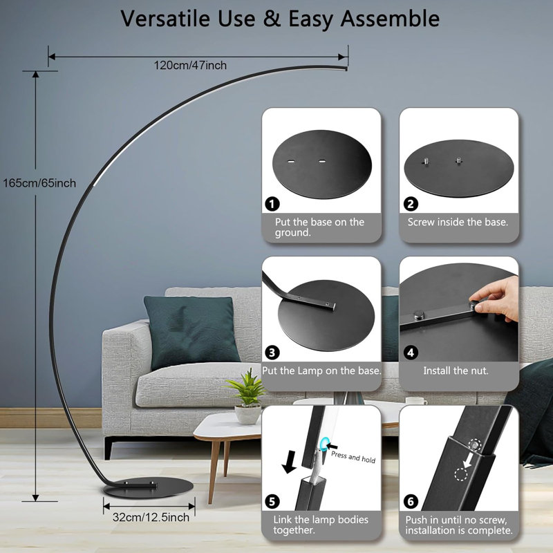 Floor Lamp With Remote Control, 67" Tall LED Modern Standing Lamp, Adjustable Color Temperatures & Stepless Dimming, Arched Design For Living Room, Bedroom, Office